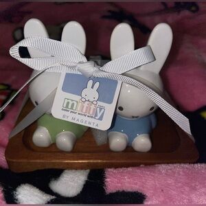 Miffy Ceramic Salt and Pepper Shakers with Wood Base NEW NWT